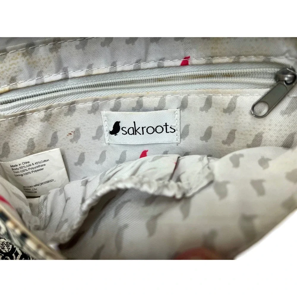 Sakroots Crossbody Bag Beige Black Pattern Bird Print Canvas Purse Small